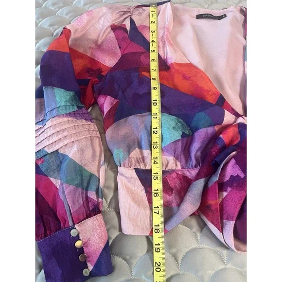 Portmans Blouse Womens 8 Navy Blue Pink Floral Wrap Waist Tie Balloon Sleeve - Picture 6 of 8